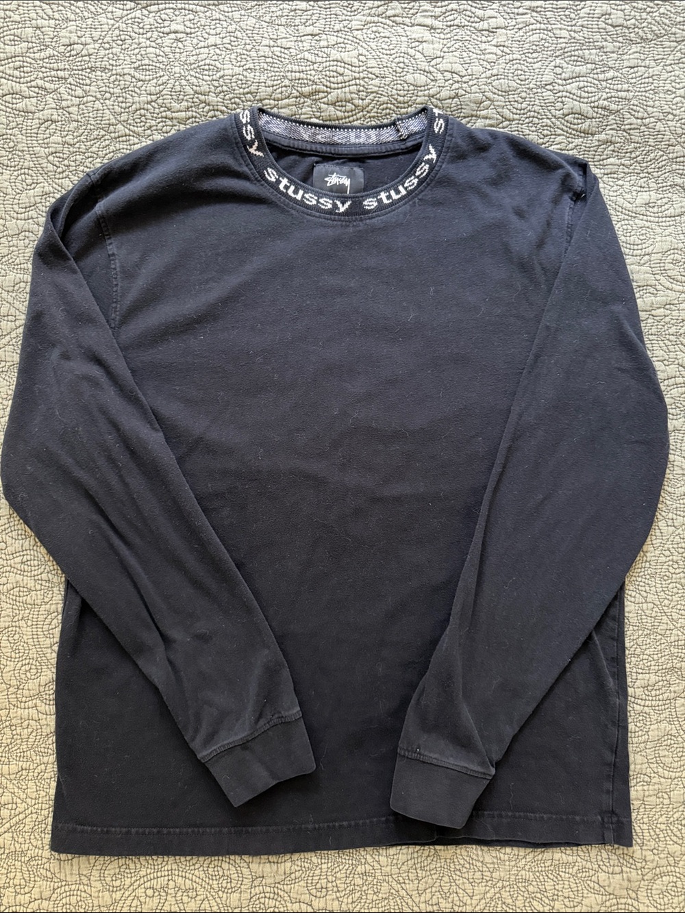Stussy Black Long-Sleeve Crew with Branded Neck Trim Men’s M